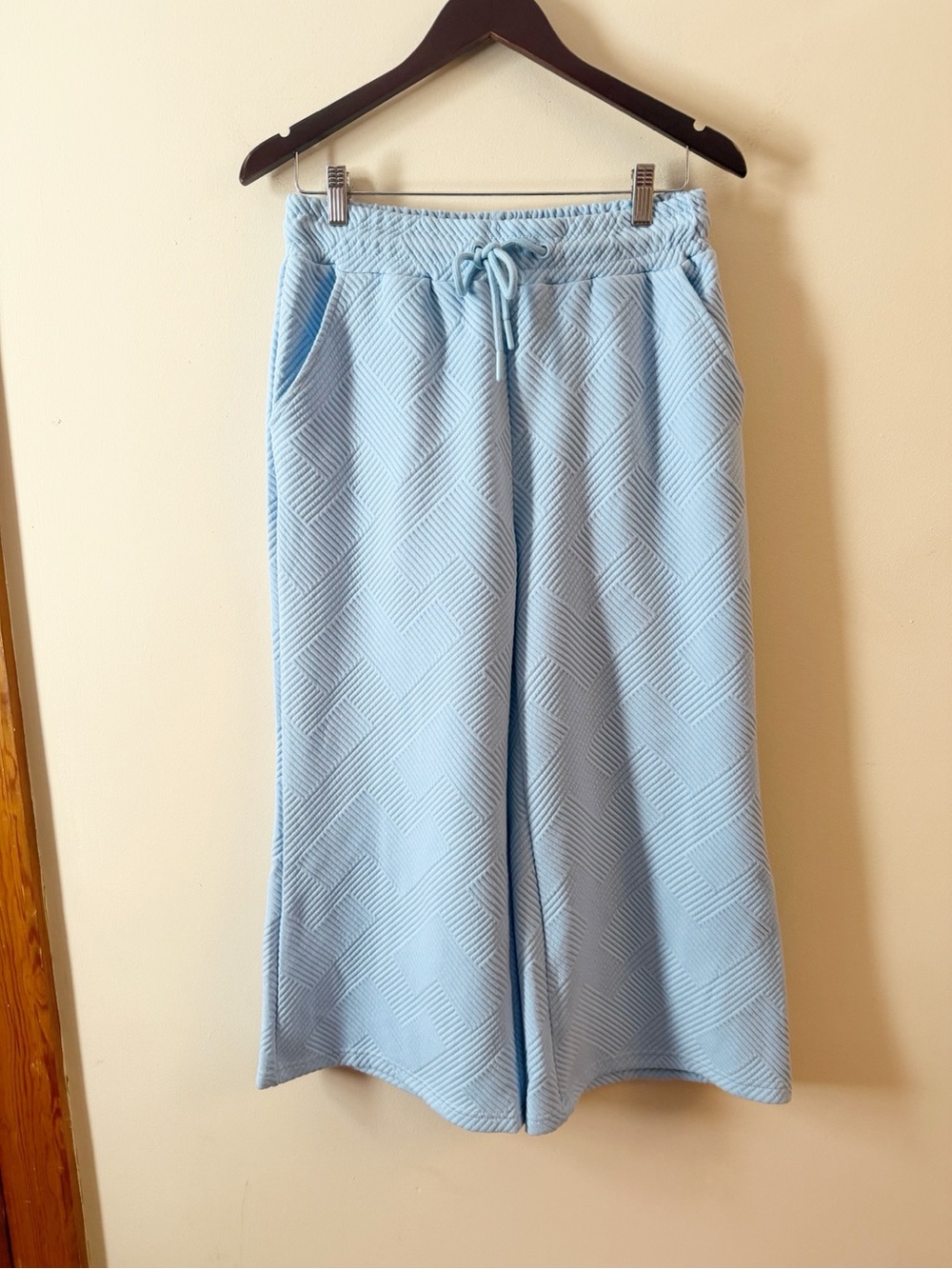 Veveret Blue Textured Geometric Woven Wide Leg Cropped Lounge Pants Size Medium